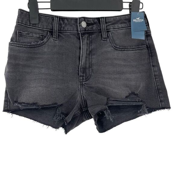 Hollister High Rise 3" Mom Short Stretch Denim Faded Black Raw Hem Women 3/26 - Picture 1 of 7